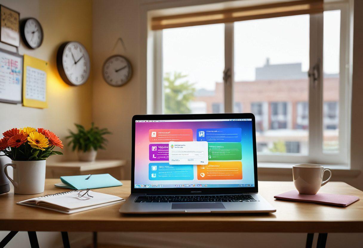 A serene workspace featuring a person joyfully managing their email on a sleek laptop, surrounded by colorful subscription icons floating around them. A digital clock displays 'Digital Happiness' in the background, while soft sunlight filters through a window, casting warm tones. The scene evokes tranquility and control over technology. super-realistic. vibrant colors. warm lighting.