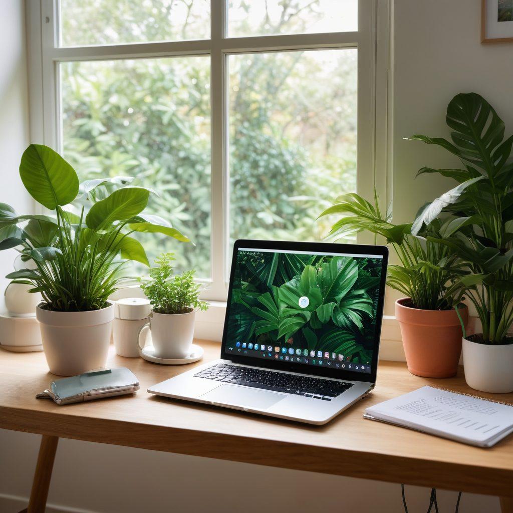 A serene workspace featuring a person joyfully managing their emails on a laptop, surrounded by plants symbolizing growth and happiness. The screen shows an organized inbox with colorful subscription icons being sorted. Warm sunlight streams in through a window, creating a cozy atmosphere. Elements of digital life integration, like a smartphone and productivity tools, subtly placed. light pastel colors. minimalist design.