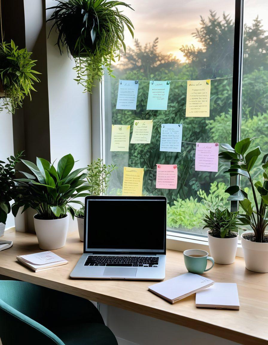 A serene workspace featuring a laptop open to a neatly organized email inbox, surrounded by calming plants and a steaming cup of herbal tea. Soft pastel colors dominate the scene, with a glowing aura around the laptop symbolizing digital well-being. Include motivational quotes on sticky notes, and a calming landscape view through a window. super-realistic. vibrant colors. minimalistic design.